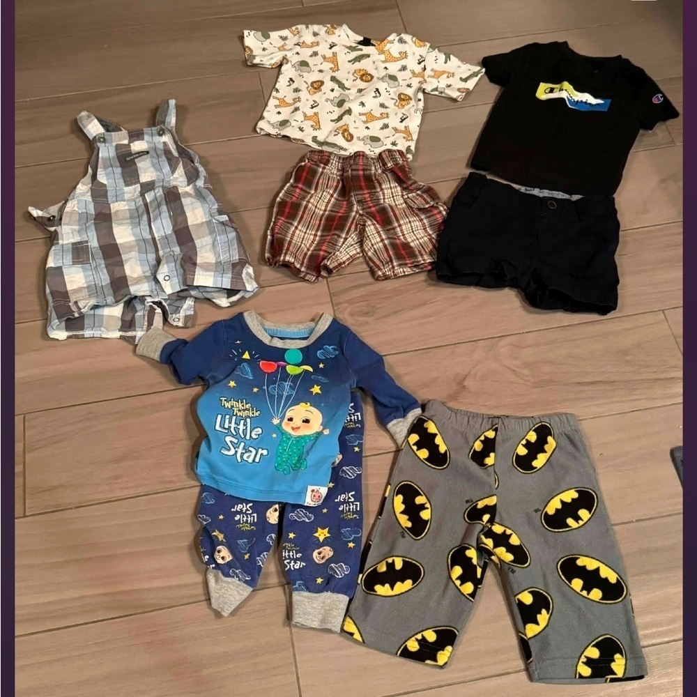 7pc bundle lot 12m 1overalls 2shirts 2shorts 1pj set 1pj pants no stains or wear